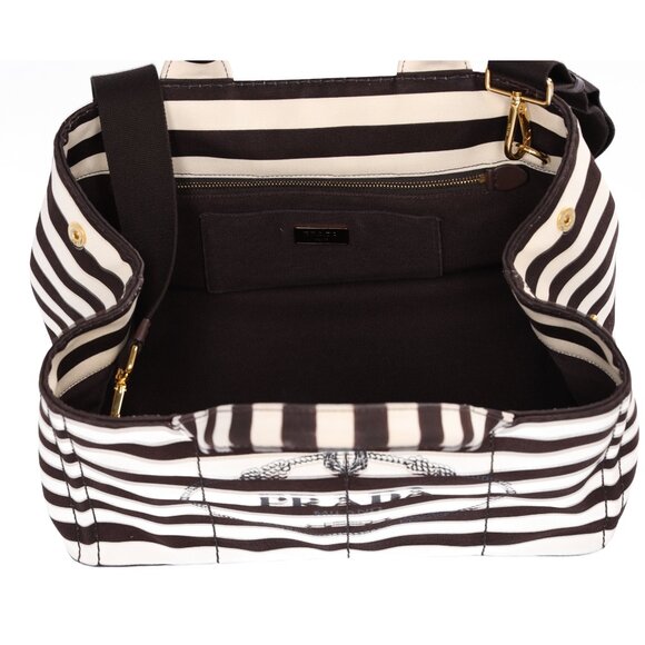 PRADA Canapa Large Canvas Tote Bag Brown White Stripe Shoulder Bag - Picture 14 of 16